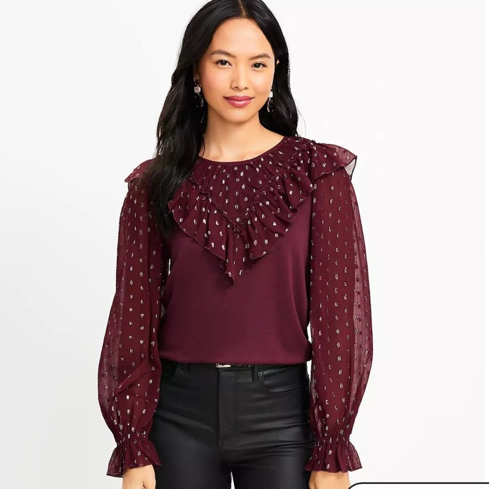 NWT LOFT Shimmer Ruffle Yoke Top Burgundy